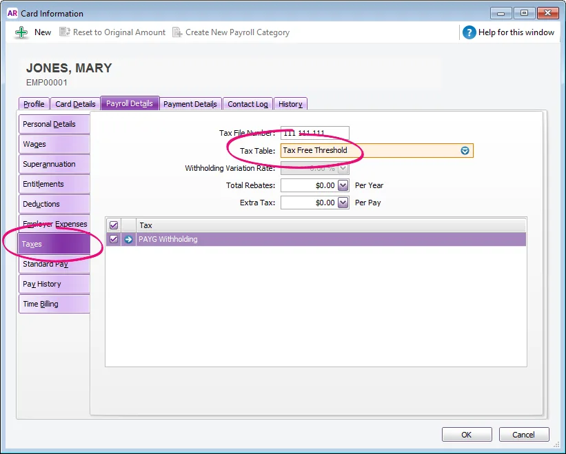 Employee tax table in Payroll Details > Taxes view of card