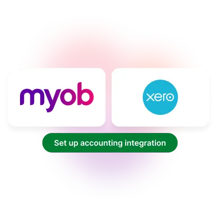 A rendering of the MYOB CRM account integration screen, showing the MYOB and Xero logos.