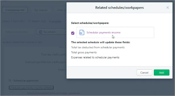 Related schedules/workpapers window with a schedule selected