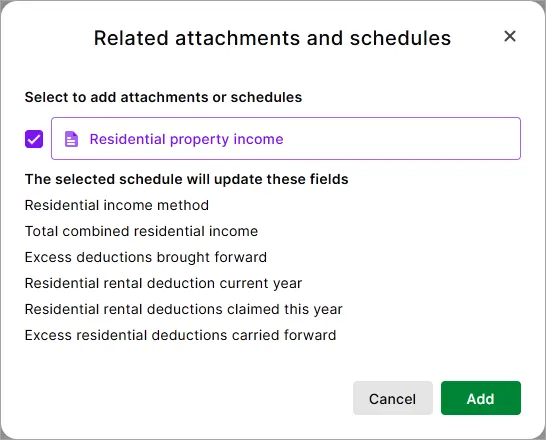Related attachments and schedules dialog with Residential propertly income selected and an Add button