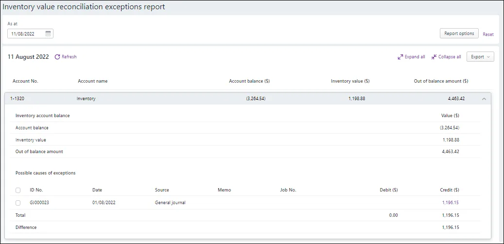 Inventory value reconciliation exceptions report