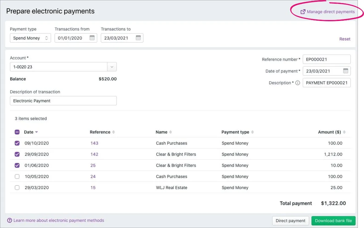 Prepare electronic payments page with manage direct payments link highlighted