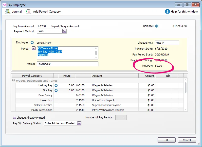 Example zero dollar pay with zero net pay highlighted