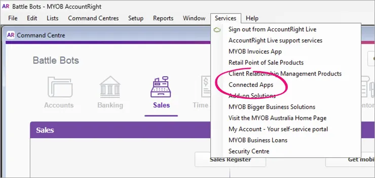 AccountRight services menu with connected apps highlighted