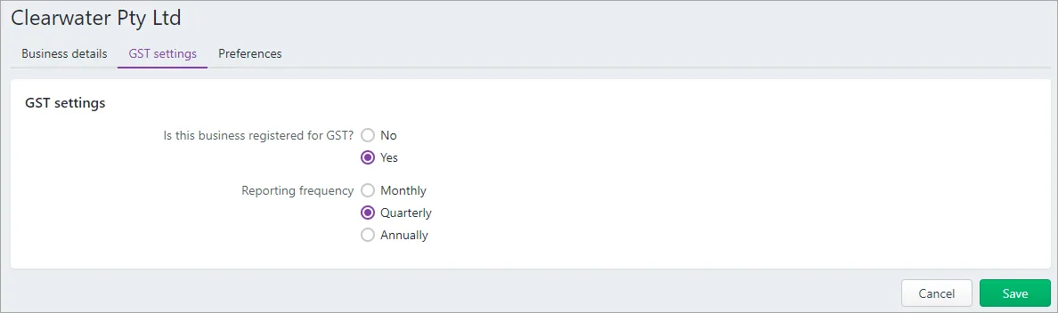 Example GST settings