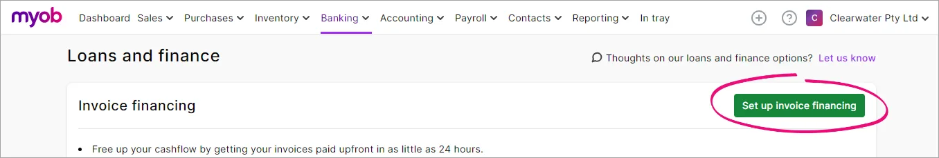 Loans and finance hub with set up invoice financing button highlighted