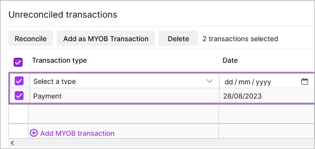 Unreconciled transactions table