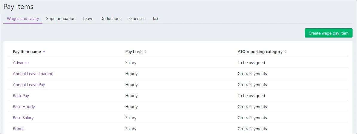 Example list of default pay items
