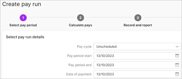 Example pay with unscheduled pay cycle chosen and pay dates all the same date