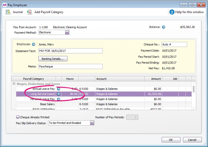 Example pay with 80 hours of long service leave highlighted