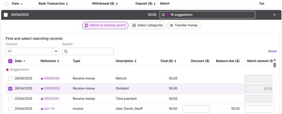 Matching bank transactions