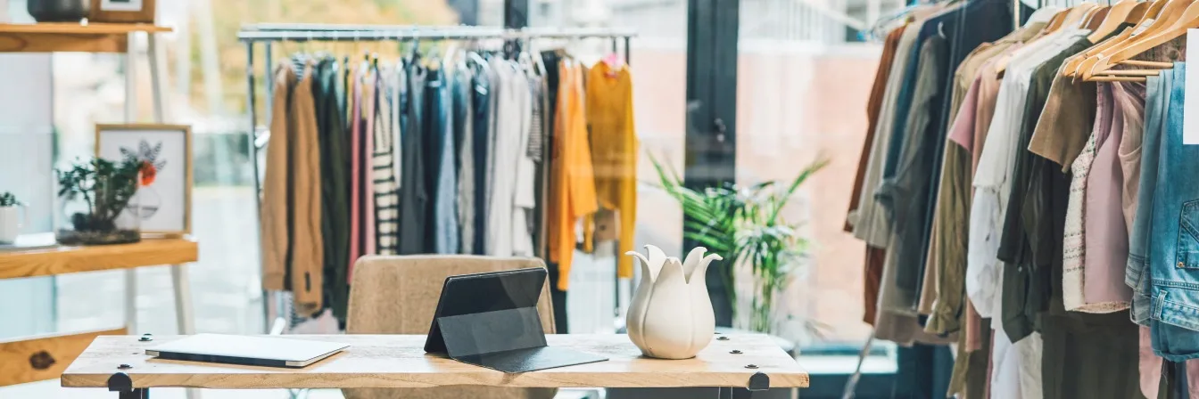 Bright clothing boutique interior with colorful garments on racks and a wooden counter with tablet and white vase.