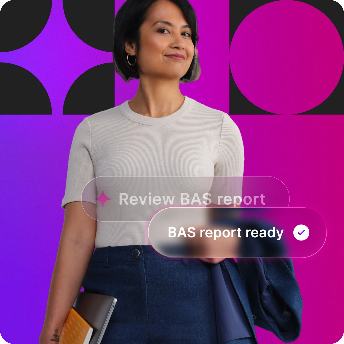 Woman in white top against purple background with digital interface showing "Review BAS report" and "BAS report ready" notification.