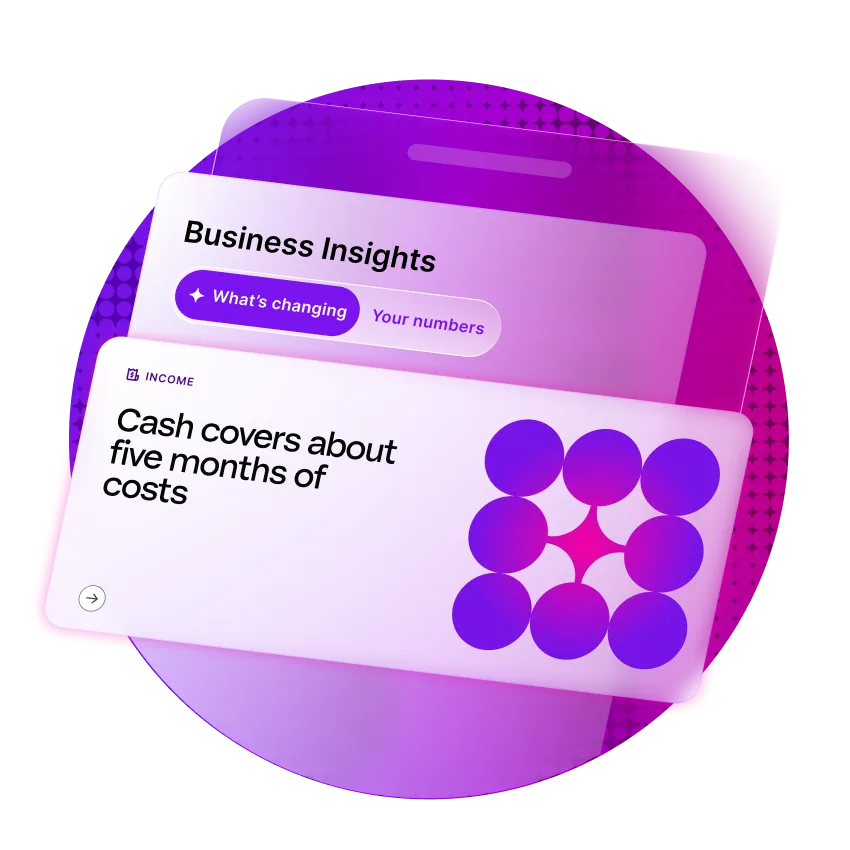 Business Insights dashboard showing income data with "Cash covers about five months of costs" and purple circular graphics.
