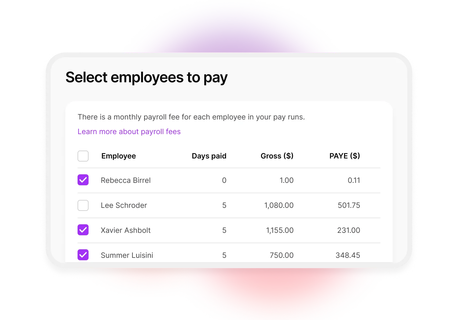 During your pay run, you'll be prompted to select which employees you're paying this cycle. The screen shows a list of employees with a check box, days paid, gross pay and PAYE tax withheld.