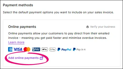 Payment methods section with add online payments link highlighted