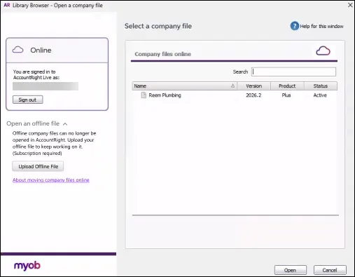Library Browser window showing a company file