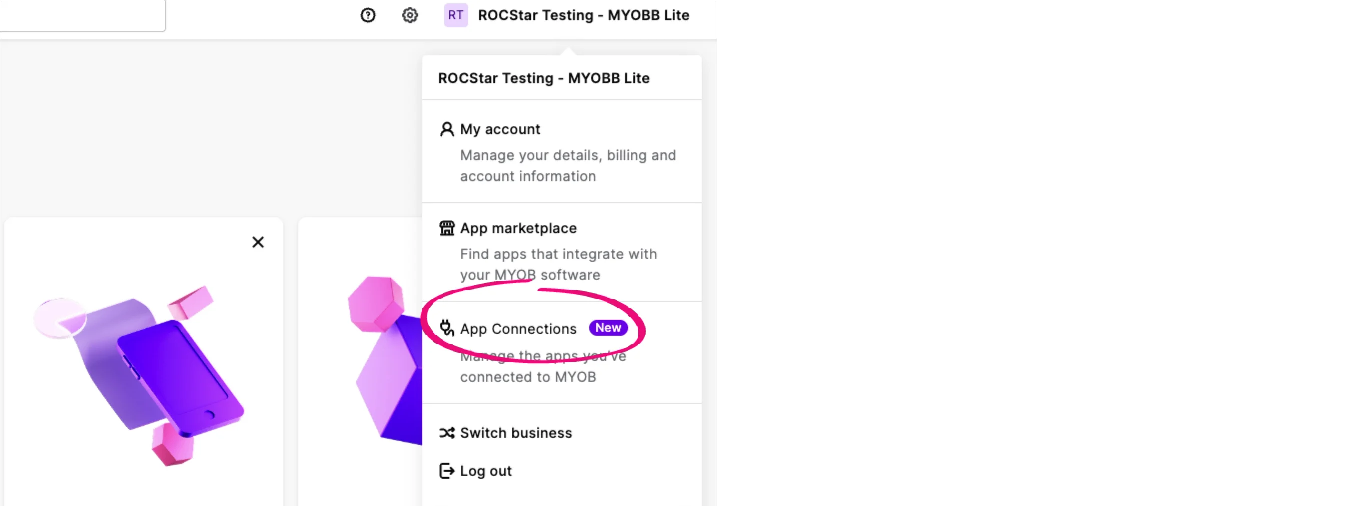 Example MYOB Business with the business name clicked and app connections highlighted