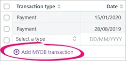 Add MYOB transaction highlighted beneath the Transaction type column.