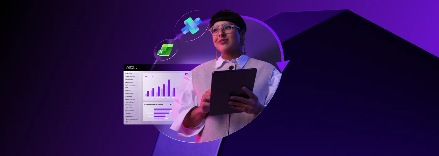 Person in glasses holding tablet with data visualizations, surrounded by purple digital graphics and analytics icons.