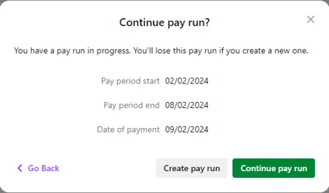 Example prompt to continue pay run