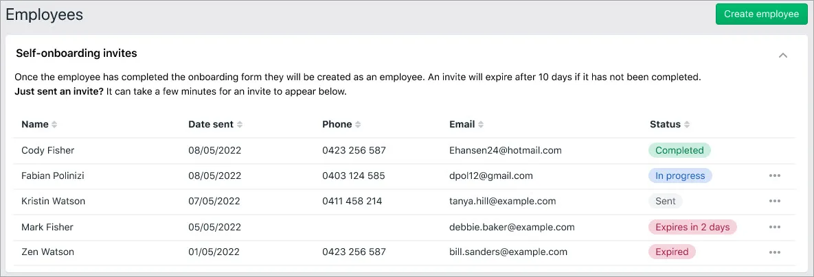 Example list of self-onboarding invitations