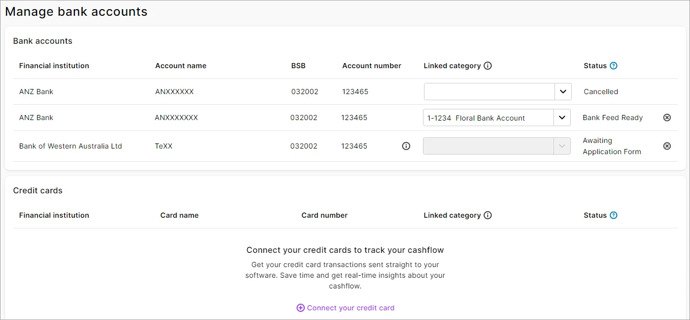 The Manage bank feeds page will be renamed Manage bank accounts.