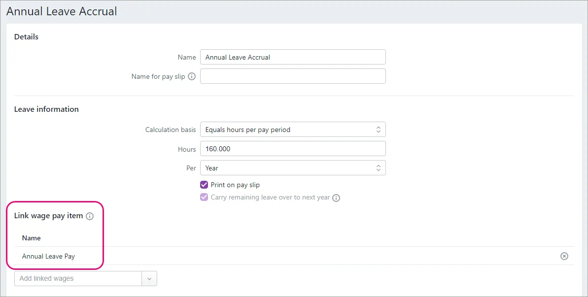 Example wage pay item linked to a leave pay item