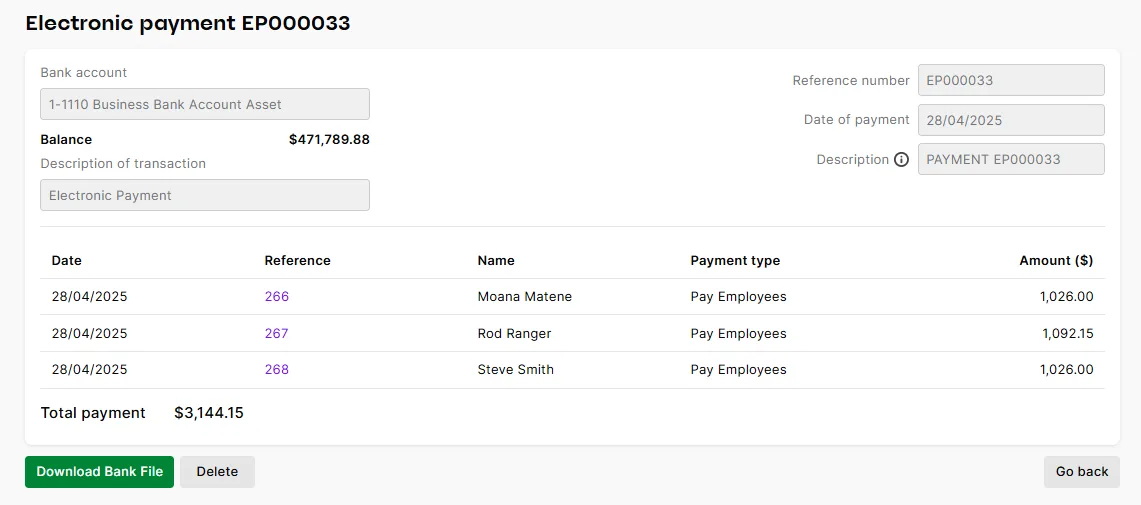 Click Delete to delete the electronic payment