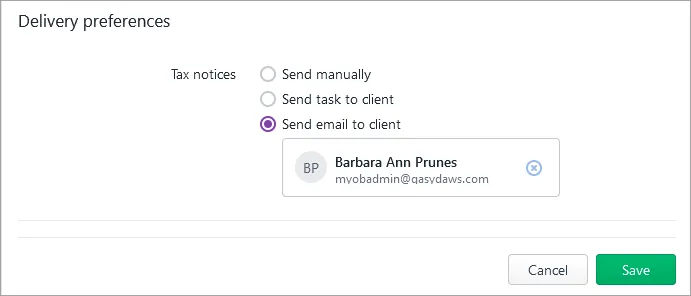 Send email to client selected with the details of the selected client shown in the Delivery preferences section