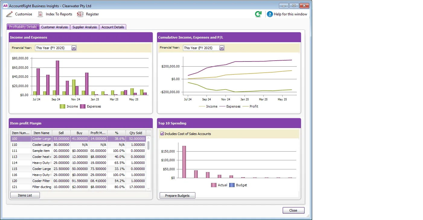 Example Business Insights window