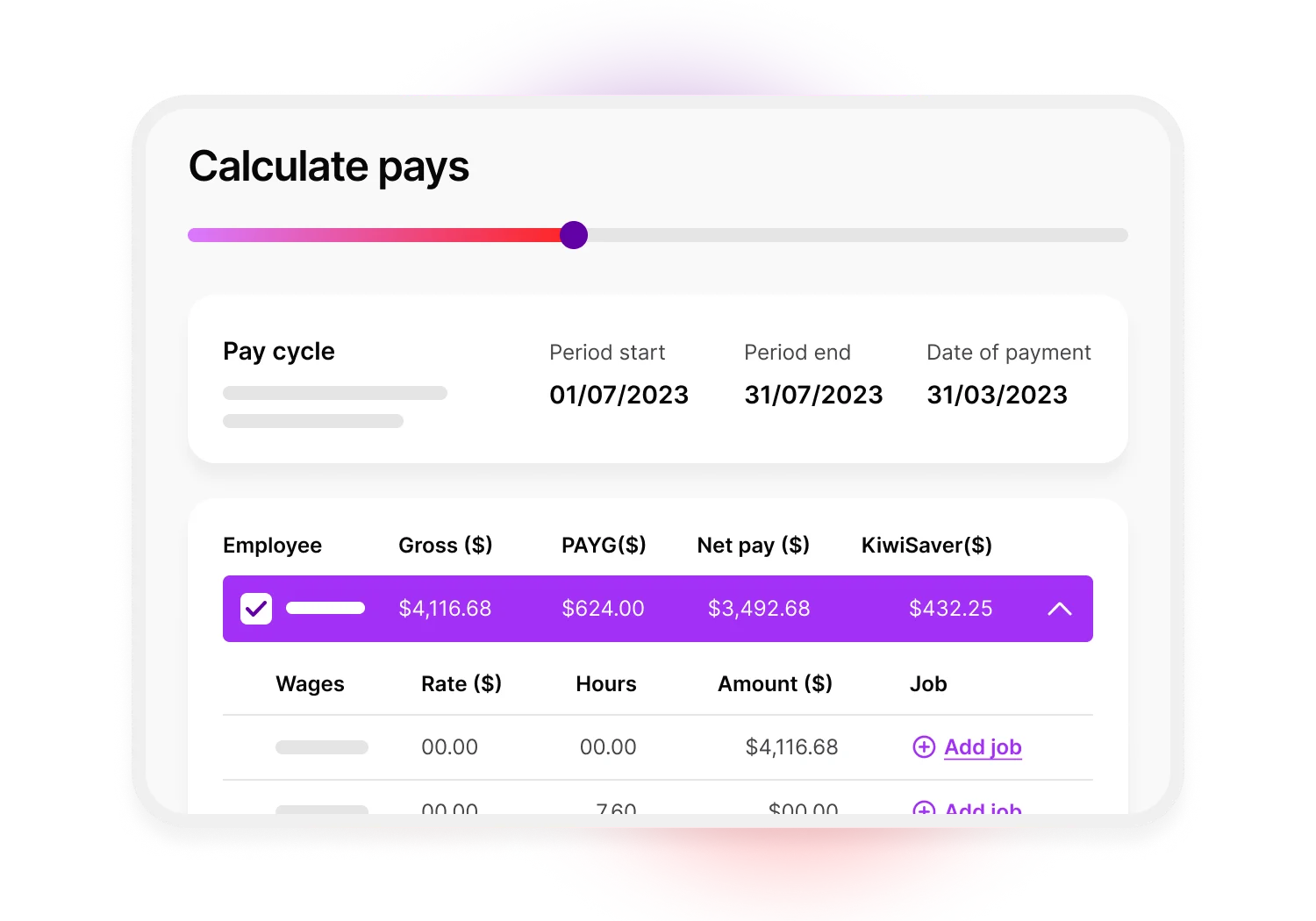 The calculate pays screen. At the top of the screen are the pay cycle details, including the start date, end date and the date of payment. Below is a list of employees, their gross wage, PAYG tax, net pay and Kiwisaver. From this screen, there's also the option to assign jobs to each employee.