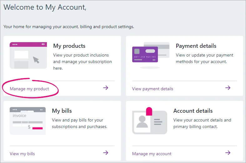 My account screen with manage my product link highlighted