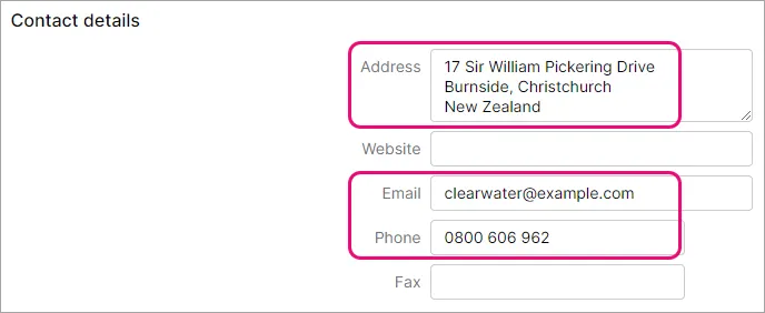 Example business contact details