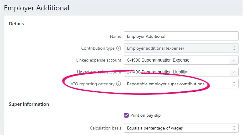 Example super pay item with reportable option chosen