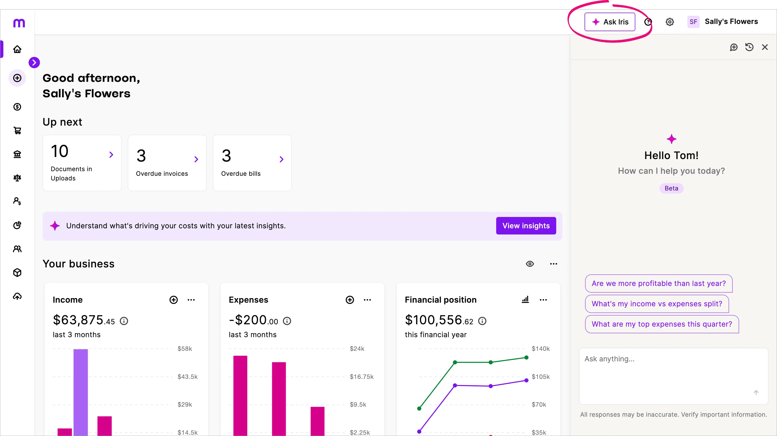 Example MYOB Business dashboard with Ask Iris button highlighted and chat window open