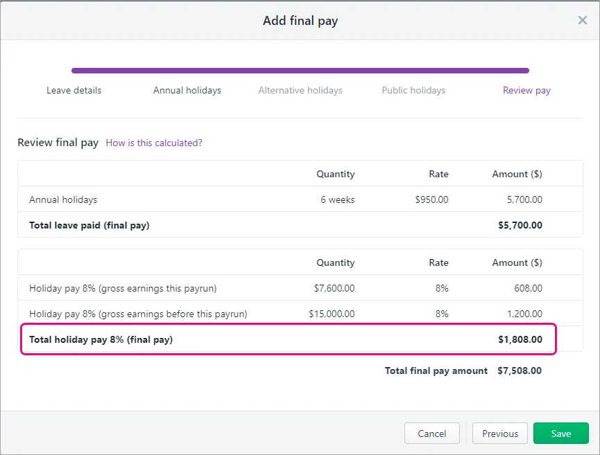 Example figure highlighted in final pay