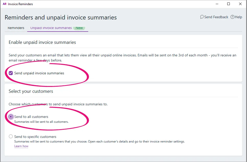 AccountRight unpaid invoices reminders options