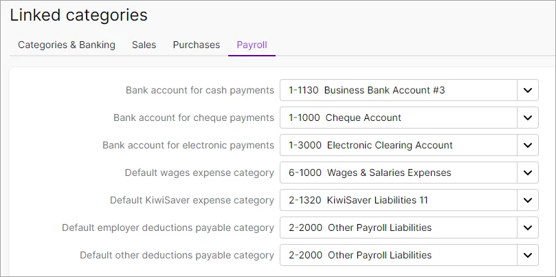 Example payroll linked categories NZ