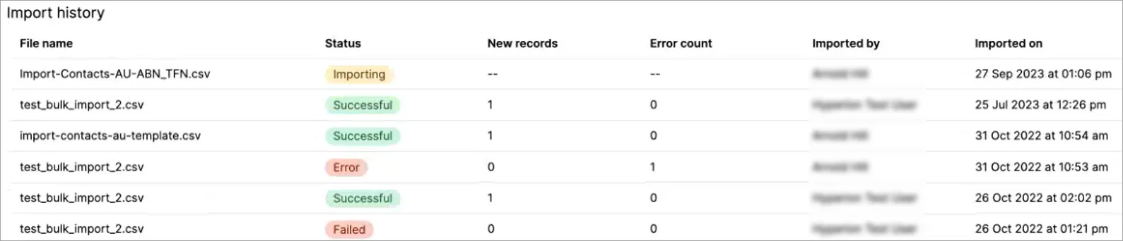 Import history showing rows of files and their import details, including a variety of statuses – Importing, Successful, Error and Failed