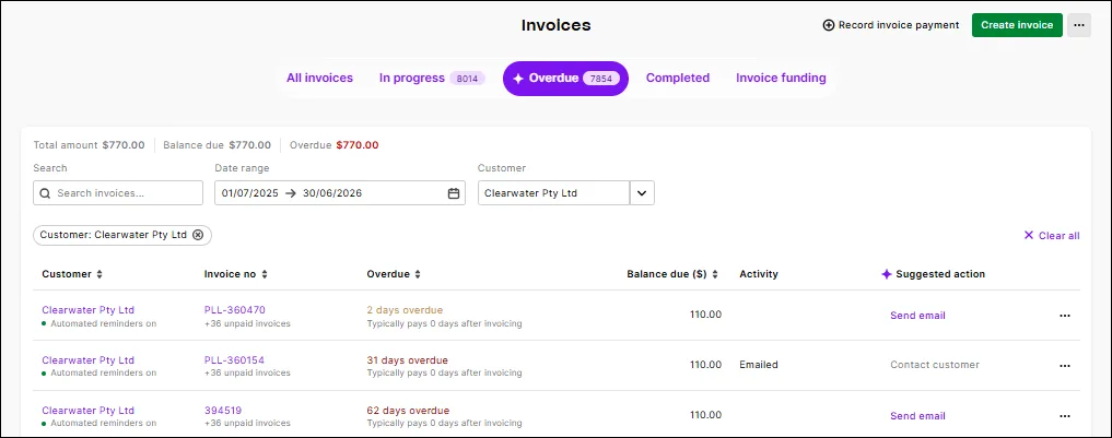 Overdue view of the Invoices page