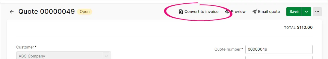 Convert to invoice option highlighted