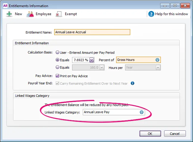 Example leave entitlement with linked wage category highlighted