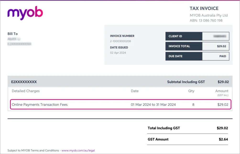 Example bill showing online invoice payment fees for the previous month