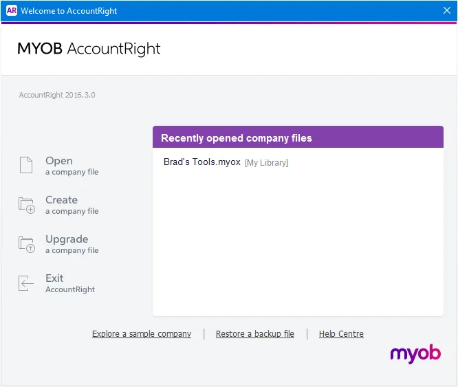 AccountRight welcome window with recent file