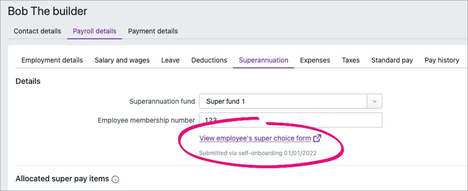 View employees super choice form link highlighted