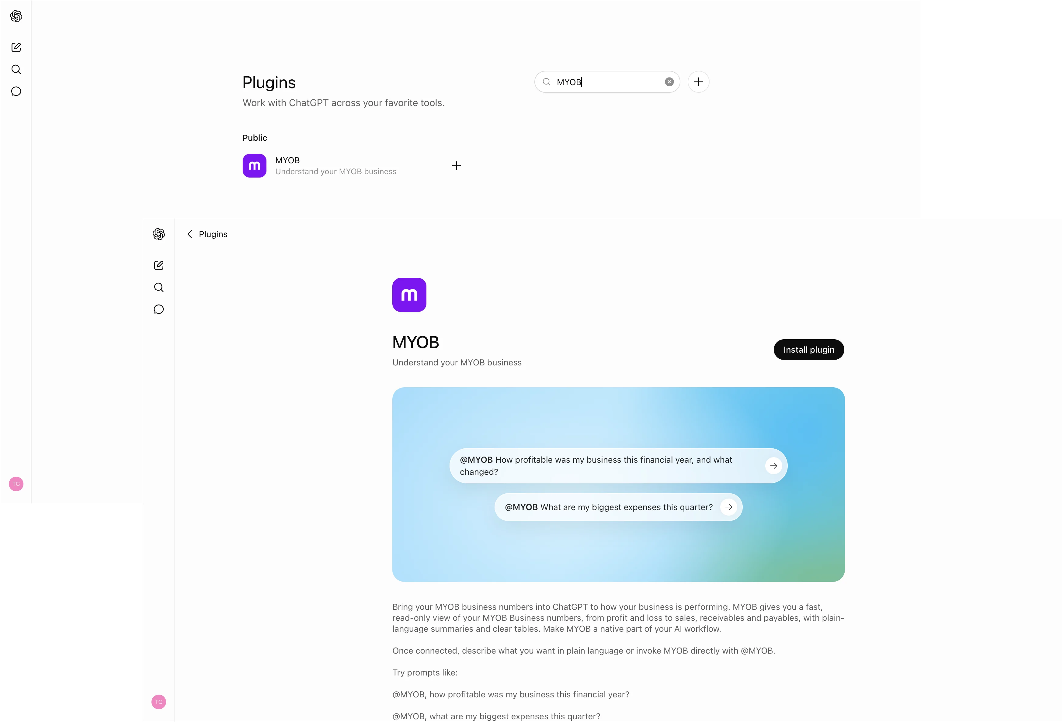 Example ChatGPT plugins with MYOB shown