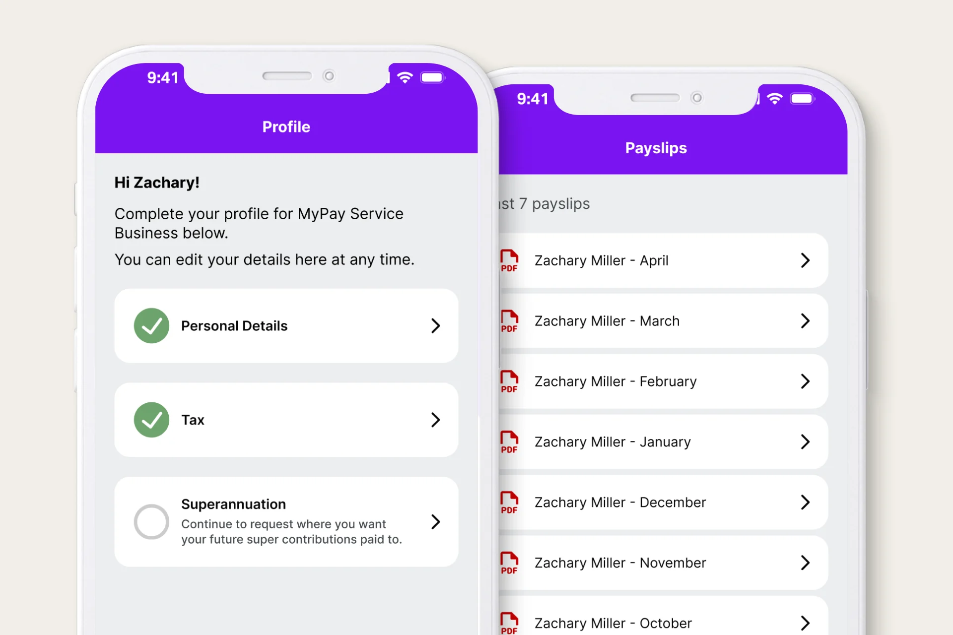 Snapshot of MYOB Team app self-service app where employees can onboard, update information like bank accounts and superannuation details, and check payslip history.