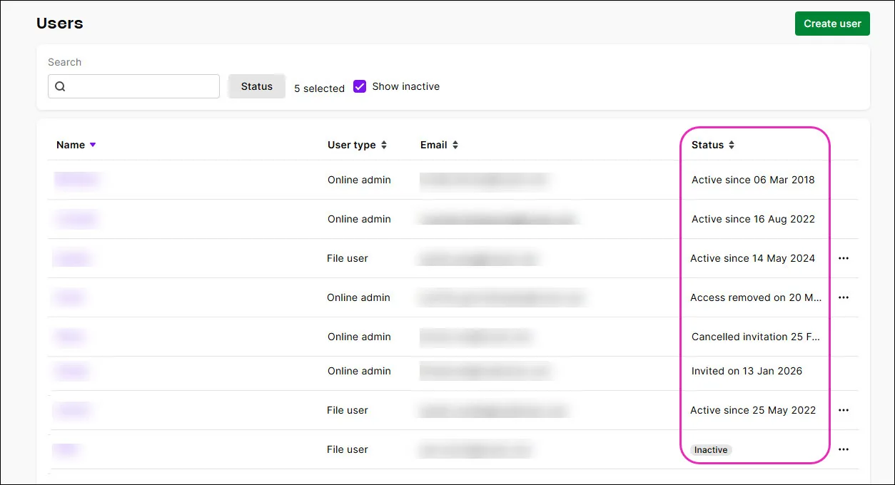 Users page with the Status column highlighted