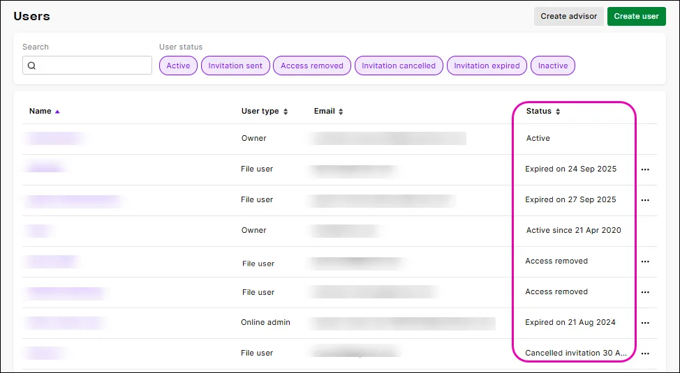 Users page with the Status column highlighted